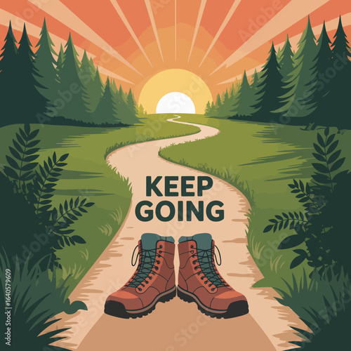 A winding path through a lush green forest leads towards a vibrant sunset with rays of light illuminating the sky above a pair of hiking boots