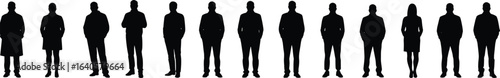 Silhouette of business people standing in row, male and female figures, black vector illustration, formal posture, human shapes, team concept, office style