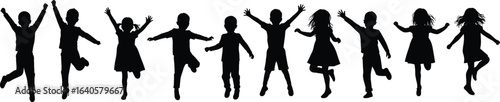 Silhouette of happy children jumping, playing together, black vector illustration, kids fun activity, childhood joy, friendship, outdoor play, celebration, carefree moments