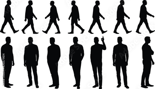 Silhouette of man walking, standing, various poses, black vector illustration, male figure, human posture, casual style, motion sequence, body movement, shadow art