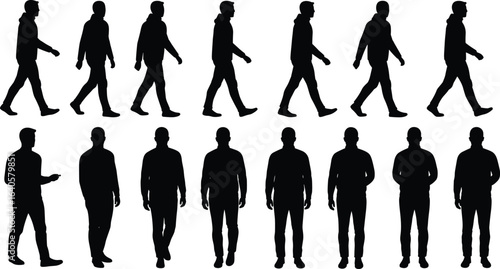 Silhouette of man walking, standing, various poses, black vector illustration, male figure, human posture, casual style, motion sequence, body movement, shadow art
