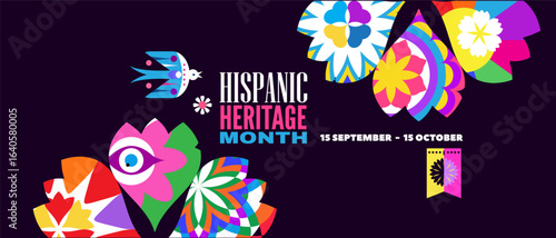 National Hispanic heritage month banner with girl, papel picado, guitar Hispanic and Latino Americans culture, event Celebrate annual october in United States Vector illustration template background