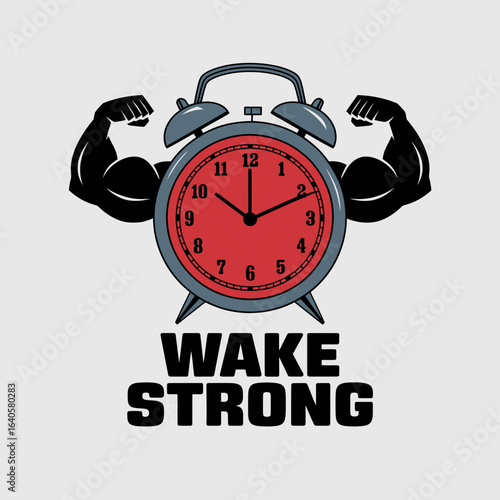 Alarm clock with muscular arms flexing representing strength and motivation to wake up early and start the day with energy and determination for fitness
