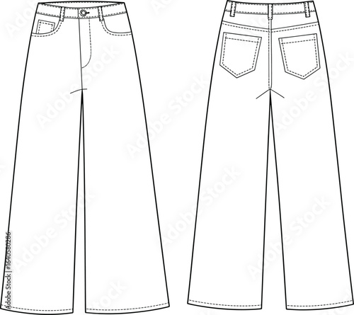 Women’s jeans flat sketch, wide leg denim pants, five pocket design, technical drawing, apparel template, fashion design, sewing pattern, clothing vector illustration