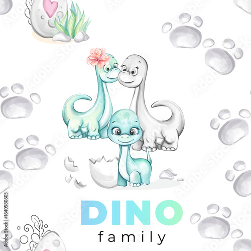 Seamless watercolor pattern cute newborn baby boy dinosaurs family mom and dad for nursery design in cartoon style for print, wallpaper, fabric