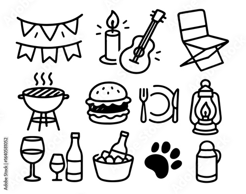 Hand-drawn icons of grill, food, drinks, and picnic items for outdoor party and camping themes. Doodle-style vector for leisure, BBQ, and celebration design.