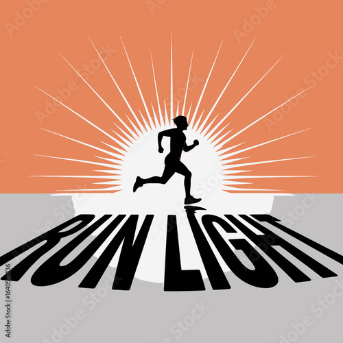 Silhouette of a determined runner in mid stride against a vibrant sunrise with radiating sunbeams and the bold text run light casting a long shadow