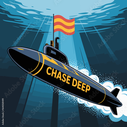 A sleek dark military submarine with the words chase deep emblazoned on its hull dives into the deep blue ocean illuminated by shafts of light from above its flag waving
