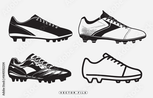 Black and white illustrations of various soccer cleats in different styles