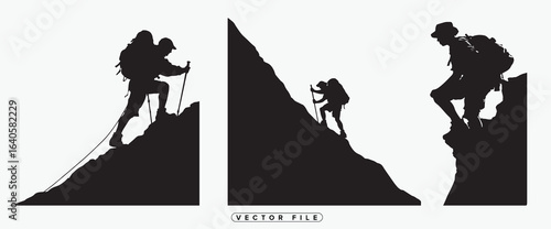 Silhouette of hikers climbing mountains with trekking poles and backpacks