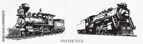 Vintage Steam Locomotives Illustrated in Black and White Vector Graphics