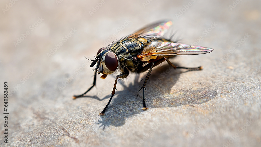 Obraz premium Close up macro shot of a common housefly resting on a textured surface