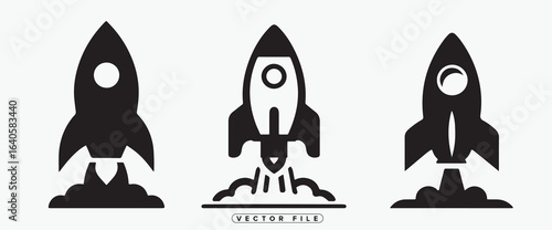 Black and white vector illustrations of rockets launching into space