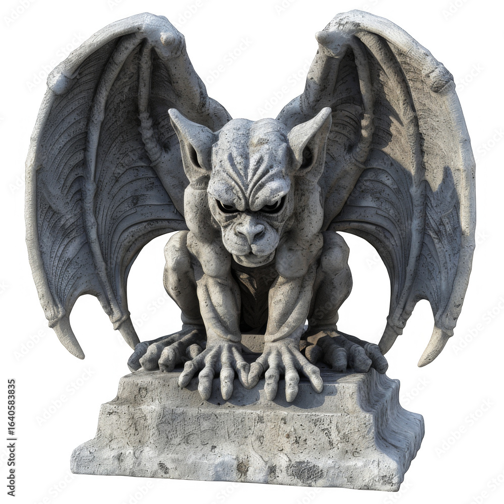 Fototapeta premium Stone Gargoyle Statue with Wings in Sharp Focus on Transparent Background