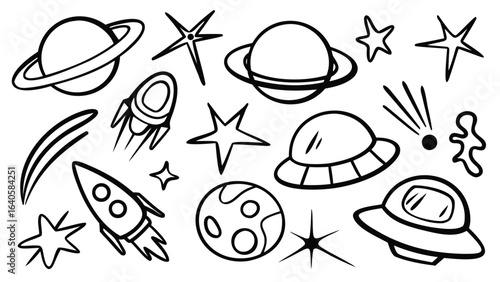 Illustration of a collection of space themed doodles including planets rockets and stars in black and white