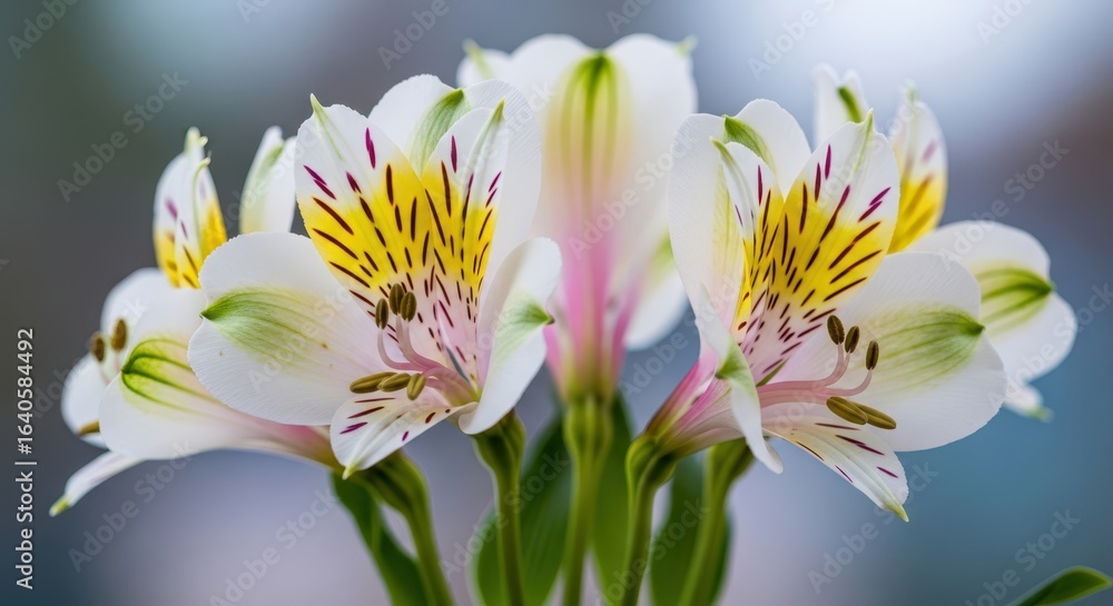 Fototapeta premium Closeup of delicate white alstroemeria flowers with yellow centers