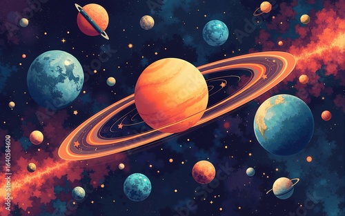 Retro Futurism Space Illustrations, Abstract Mosaic Cosmic Background Set, Planets, Stars, Orbits. High quality