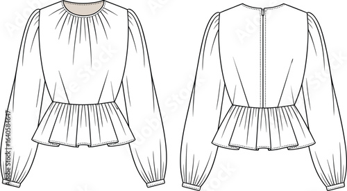 Women’s peplum blouse flat sketch, long sleeve top front and back view, fashion design vector template, apparel technical drawing illustration