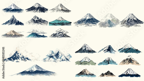 A collection of stunning mountain peaks illustrated with delicate strokes, showcasing the majestic beauty of various mountain ranges in different seasons.