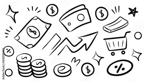 Hand drawn finance and shopping elements with money coins and cart for business and e commerce theme