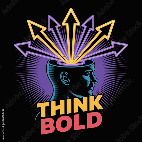 Creative mind expanding with bold ideas and multiple directions of thought represented by arrows emanating from a stylized head