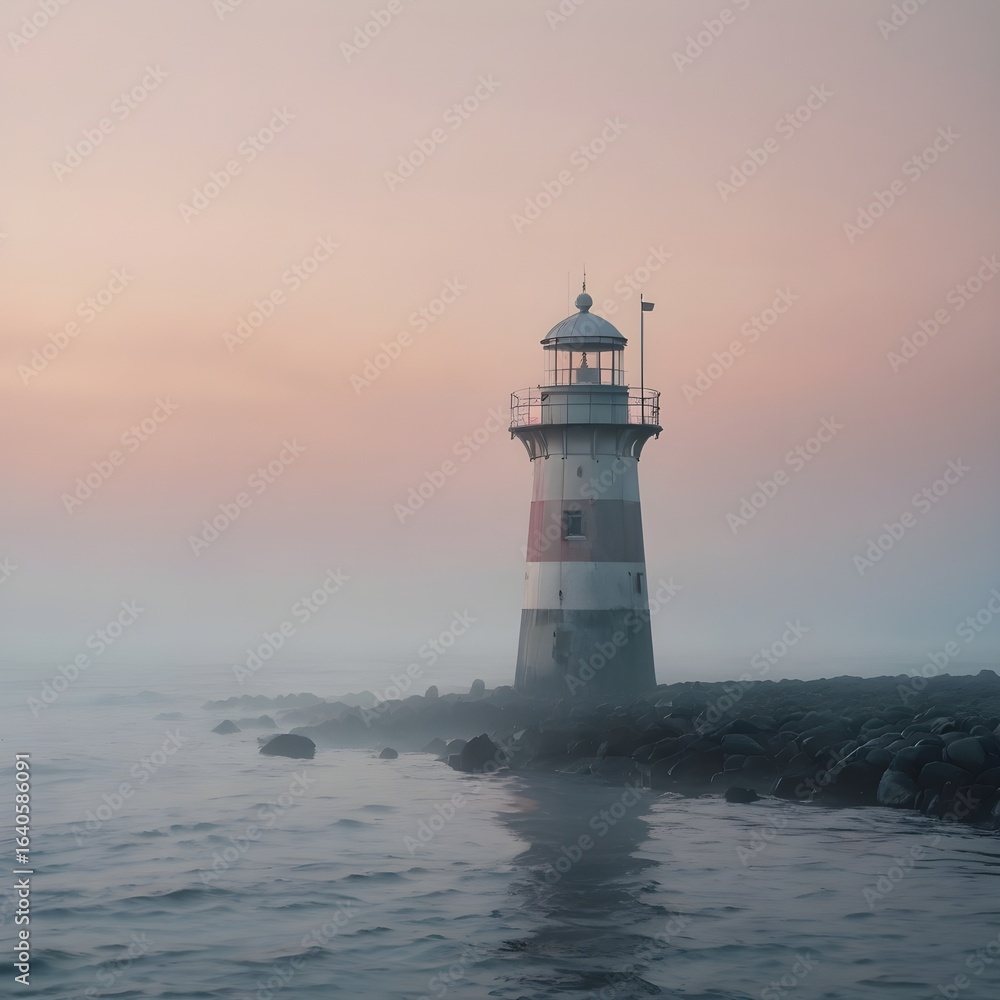 Minimal lighthouse emerging from thick ocean fog, soft pastel dawn colors, moody atmosphere, no people,Generative Ai
Minimal lighthouse emerging from thick ocean fog, soft pastel dawn colors, moody atmosphere, no people,Generative Ai