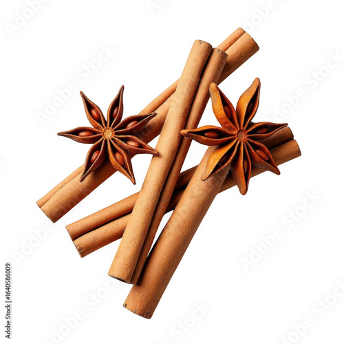 An aromatic still life of cinnamon sticks and star anise spices on a transparent background