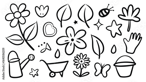 Black and white line art illustration of gardening elements including flowers and tools for gardening fun