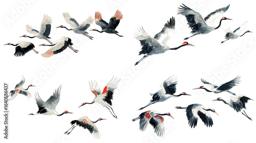 A collection of graceful cranes in flight, showcasing their elegant movements and delicate features in a traditional watercolor illustration style.