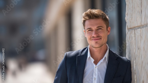Wallpaper Mural A confident young man smiling casually in a city setting, showcasing modern style and happiness in urban life. Torontodigital.ca