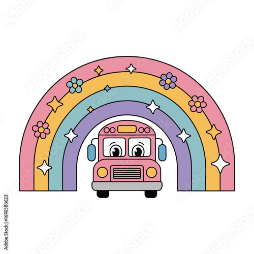 Cute School Bus Under Colorful Rainbow with Flowers Illustration