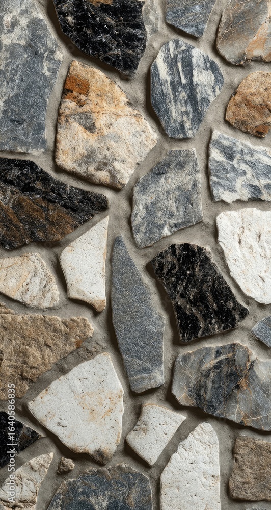 Fototapeta premium Close-up of a textured stone wall, various shapes and colors