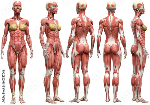 Female muscular system anatomy front back and side isolated on transparent background