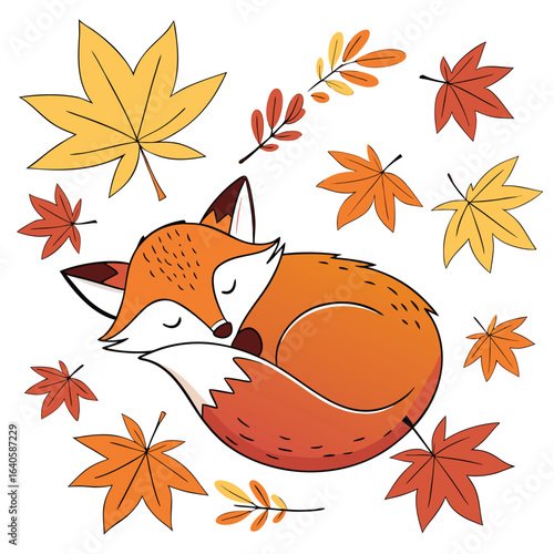 Cute sleeping fox curled up surrounded by colorful falling autumn leaves