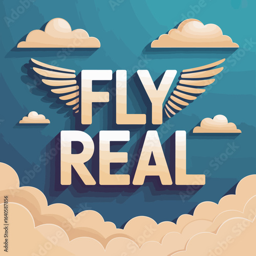 Inspirational text fly real with stylized wings and fluffy clouds against a vibrant teal sky representing dreams aspirations and freedom