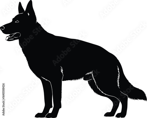 A black silhouette of dog standing in profile, a loyal and alert companion 