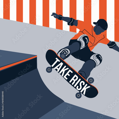 Dynamic illustration of a skateboarder performing a trick in a skatepark with the words take risk emblazoned on the skateboard
