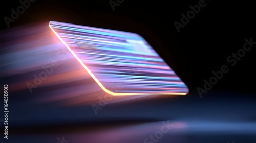 A futuristic credit card with vibrant, glowing lines in motion, symbolizing fast digital transactions.
