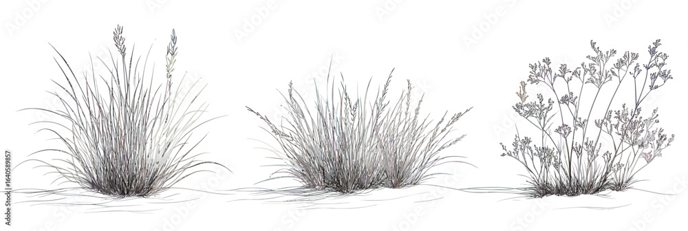Fototapeta premium Detailed black and white line art illustration of wild grass clumps and flowering shrub plants isolated on white background minimalist botanical nature vector