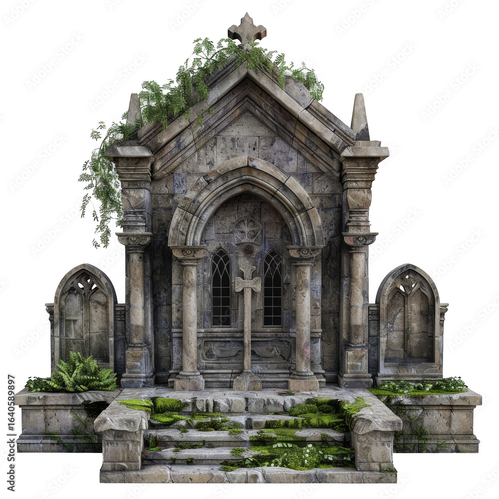 Detailed Stone Mausoleum with Gothic Architecture Moss and Ivy on Transparent Background Detailed Stone Mausoleum with Gothic Architecture Moss and Ivy on Transparent Background