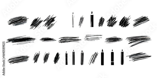 Set of various black pencil and marker stroke scribbles with single pencils and markers in flat minimalist vector style on white background for artistic design and sketch illustration