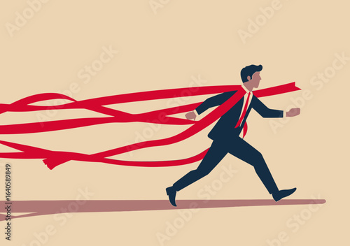 Businessman running struggling against red tape obstacles tied around body symbolizing career limitations and professional challenges concept vector illustration