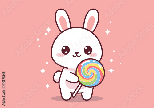 Adorable White Cartoon Bunny Holding a Colorful Swirl Lollipop on a Pink Background - Sweet and Playful Kawaii Illustration