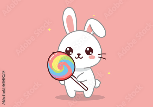 Cute Kawaii Bunny Holding a Swirl Lollipop on a Pink Background