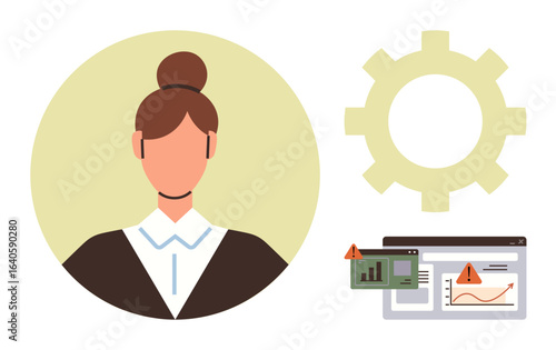 Businesswoman portrait with charts, warning icons, and gear representing data analysis, workflow, error handling, team coordination, productivity, technical issues and user experience. Ideal