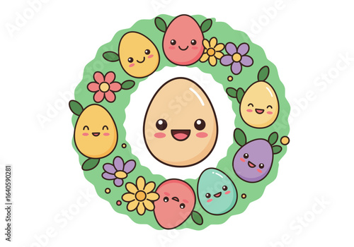 Joyful Easter celebration with cute kawaii egg characters in a spring floral wreath. A festive holiday graphic illustration.