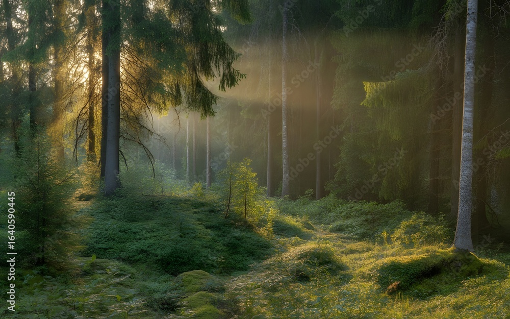 Obraz premium Tranquil green forest with morning light and mist