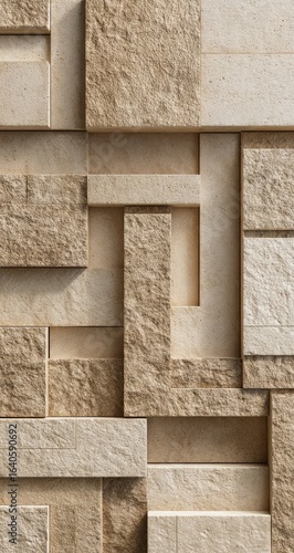 Beige stone wall with interlocking, geometric shapes