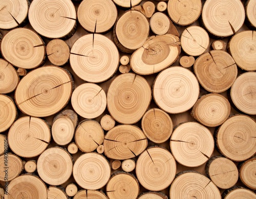 Close-up of stacked wooden logs with natural rings and cracks, showing warm brown tones and rustic texture