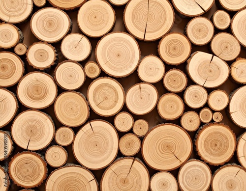 Close-up of stacked wooden logs with natural rings and cracks, showing warm brown tones and rustic texture